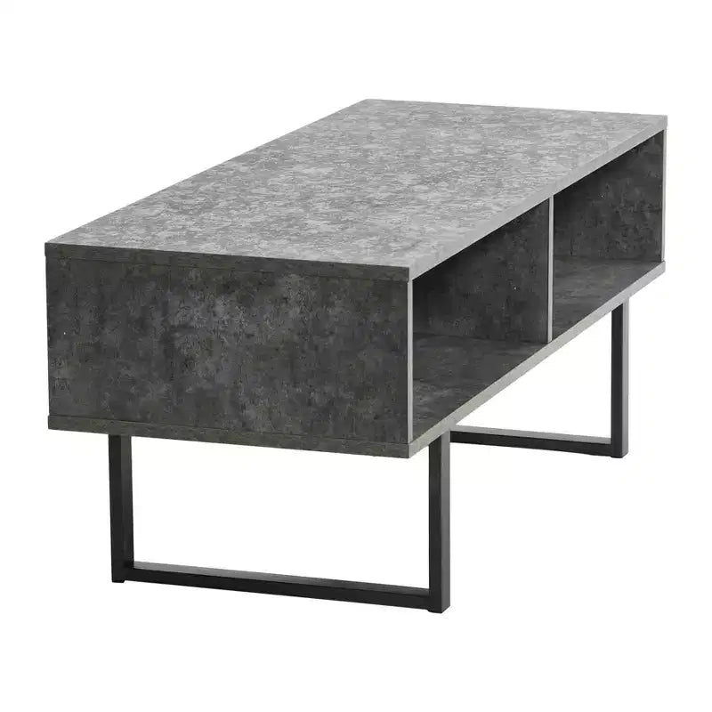 TV Stand Coffee Table with Rectangular Storage Compartments Rustic Slate Concrete and Black Metal