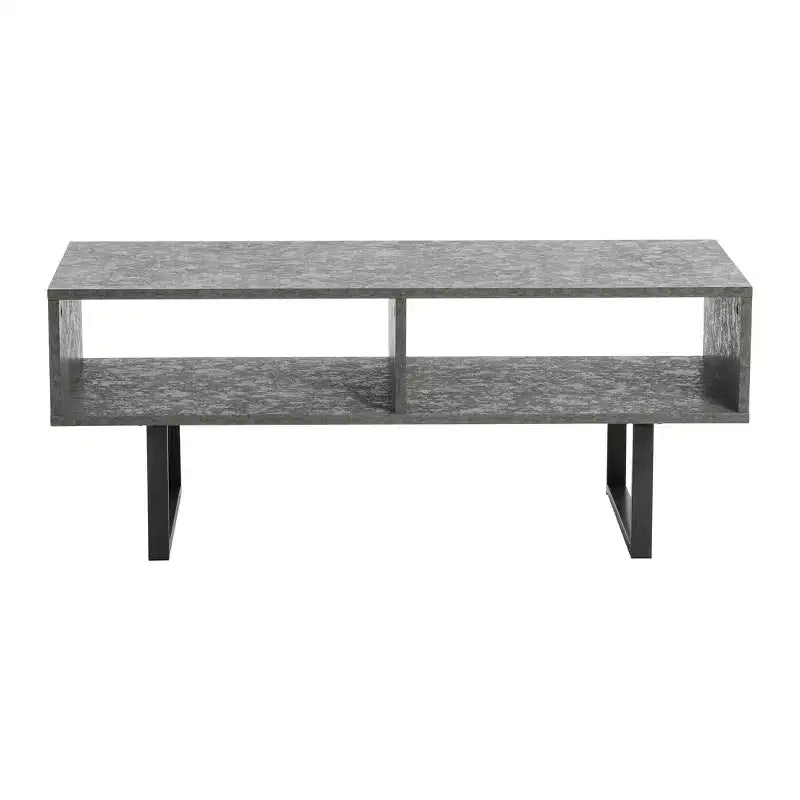 TV Stand Coffee Table with Rectangular Storage Compartments Rustic Slate Concrete and Black Metal