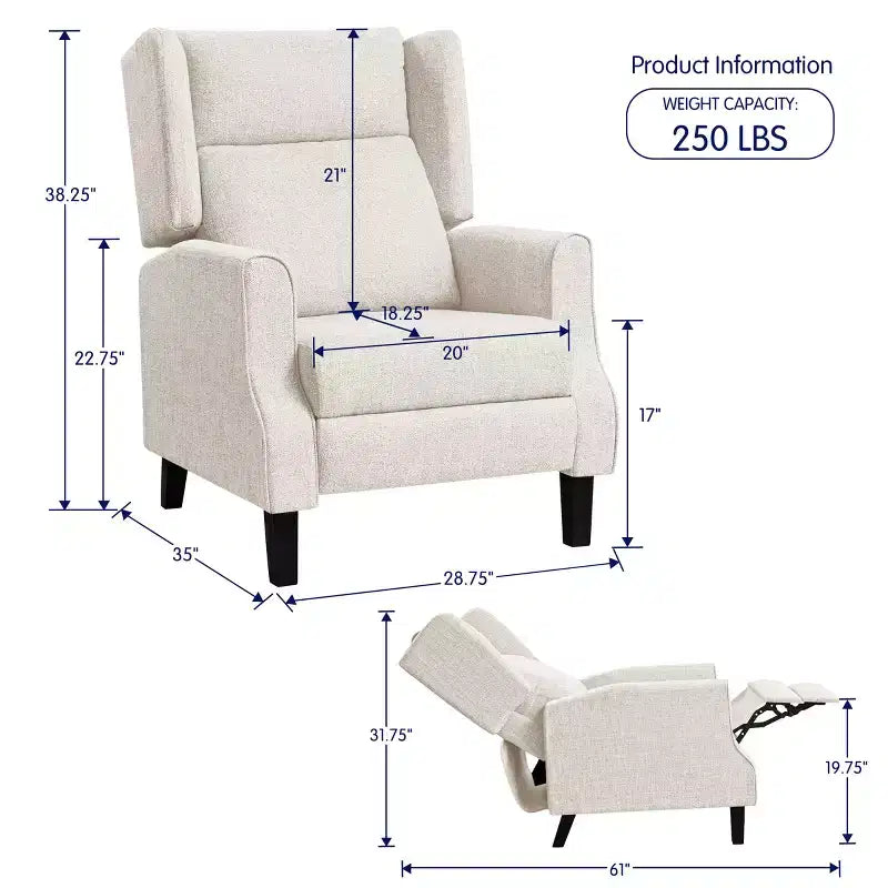 Push Back Recliner Chair, Modern Upholstered Manual Wing Chair