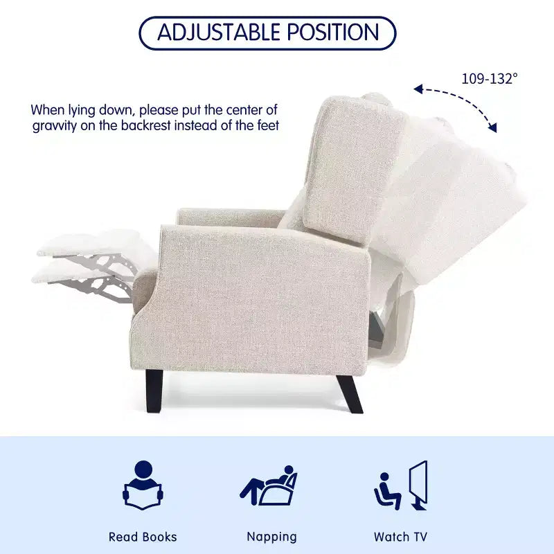 Push Back Recliner Chair, Modern Upholstered Manual Wing Chair