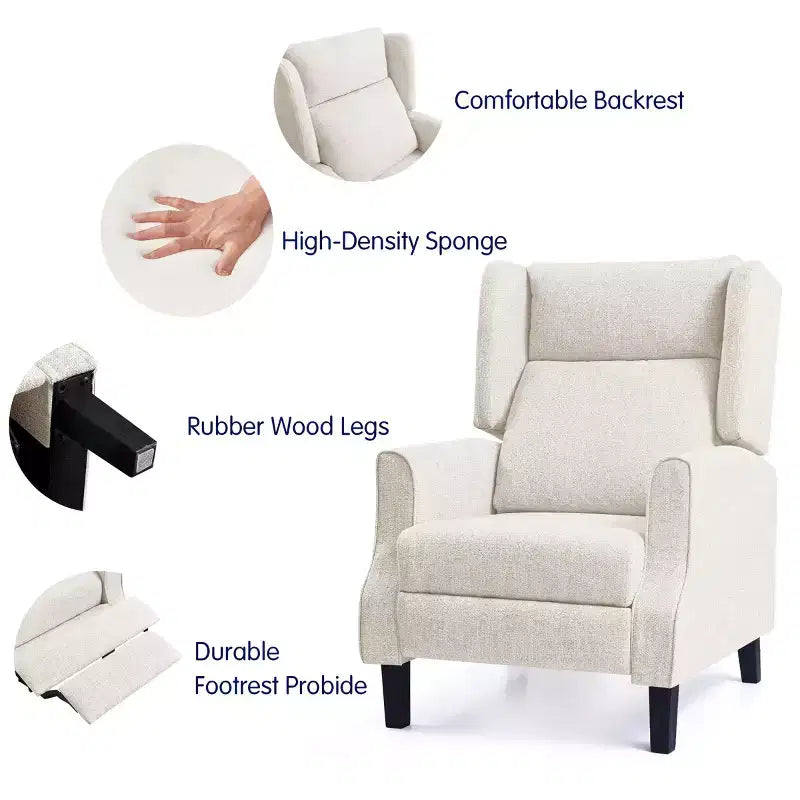 Push Back Recliner Chair, Modern Upholstered Manual Wing Chair