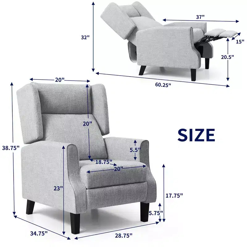 Push Back Recliner Chair, Modern Upholstered Manual Wing Chair