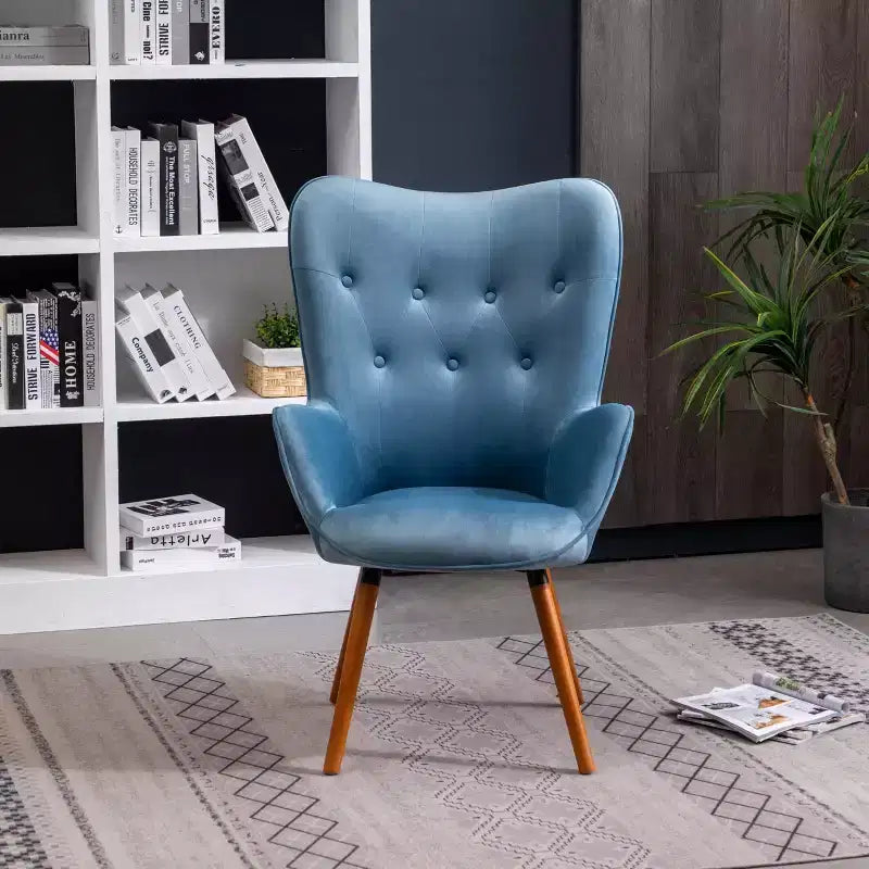 Contemporary Silky Velvet Tufted Button Back Accent Chair, Blue