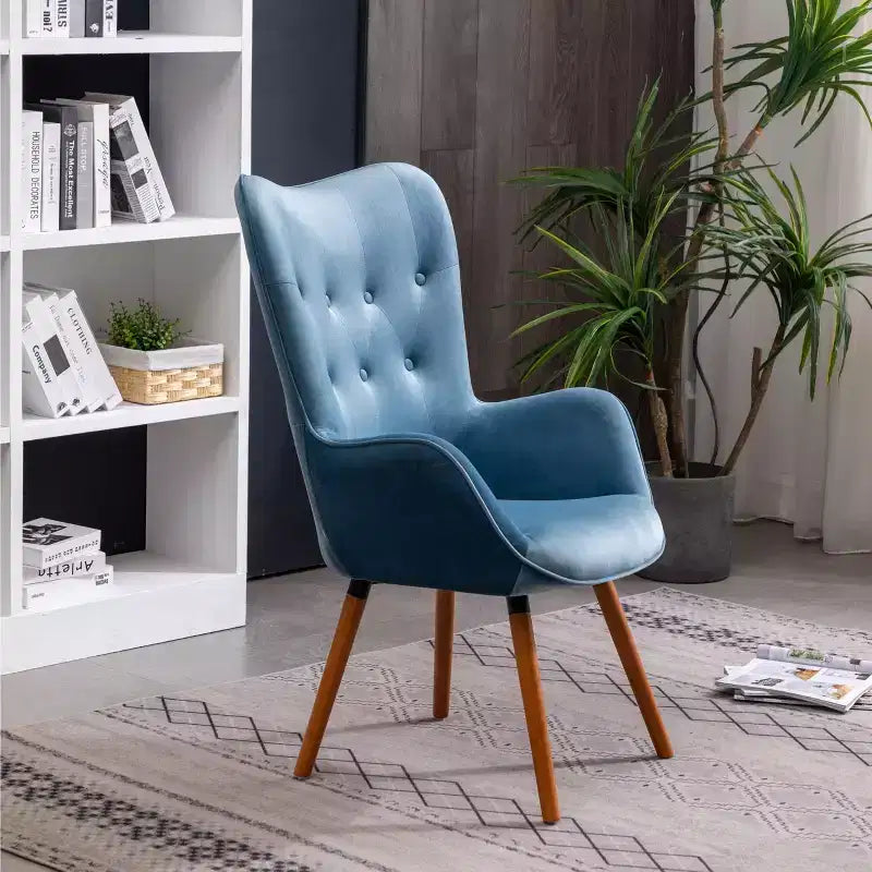 Contemporary Silky Velvet Tufted Button Back Accent Chair, Blue
