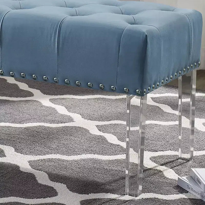 Button-Tufted Velvet Upholstered Bench with Acrylic Legs, Blue