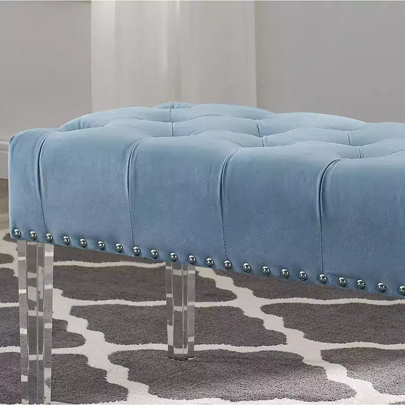 Button-Tufted Velvet Upholstered Bench with Acrylic Legs, Blue