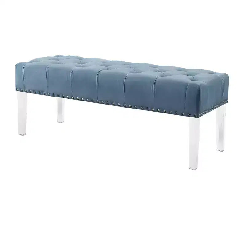Button-Tufted Velvet Upholstered Bench with Acrylic Legs, Blue