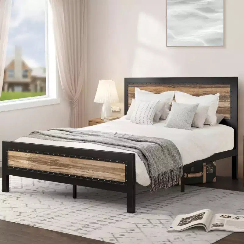 Heavy-Duty Platform Metal Bed Frame with Headboard, Rustic Strip and Rivet Decoration