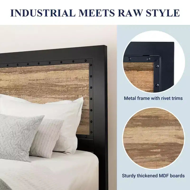 Heavy-Duty Platform Metal Bed Frame with Headboard, Rustic Strip and Rivet Decoration