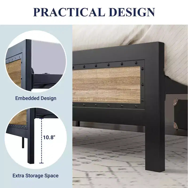 Heavy-Duty Platform Metal Bed Frame with Headboard, Rustic Strip and Rivet Decoration