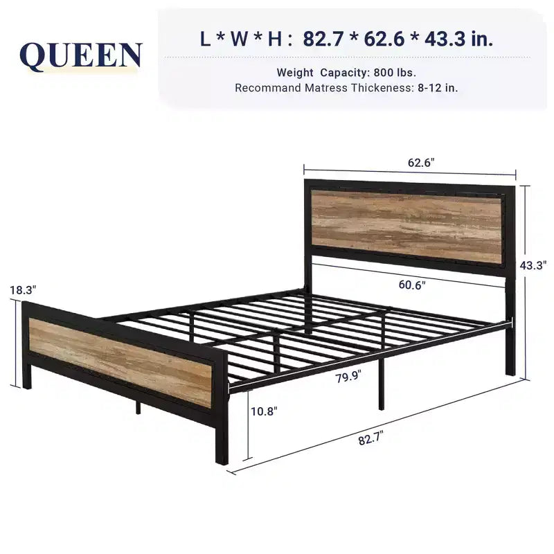 Heavy-Duty Platform Metal Bed Frame with Headboard, Rustic Strip and Rivet Decoration