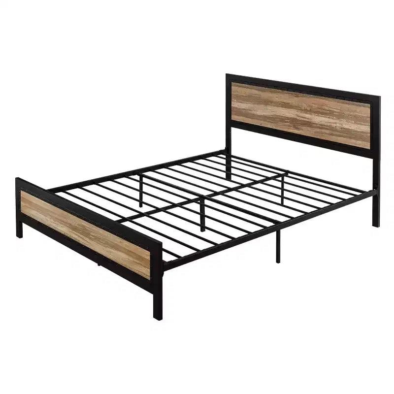 Heavy-Duty Platform Metal Bed Frame with Headboard, Rustic Strip and Rivet Decoration