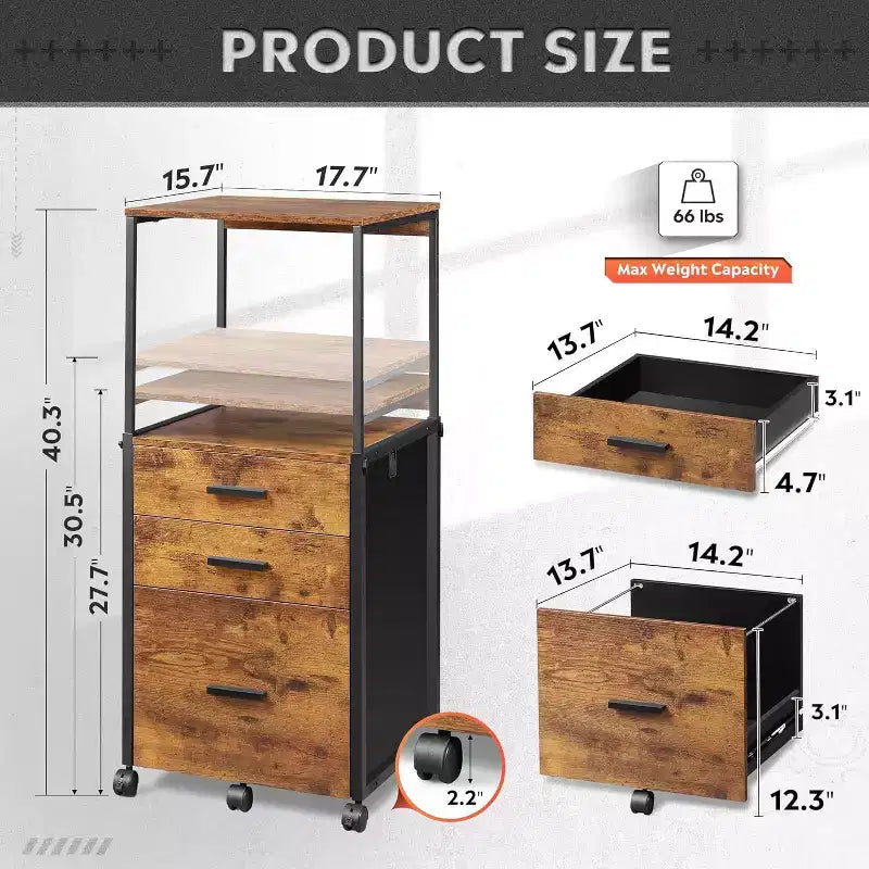 File Cabinet with Storage Drawers, Rolling Printer Stand with Adjustable Shelves, Wood Filing Cabinet for Home Office