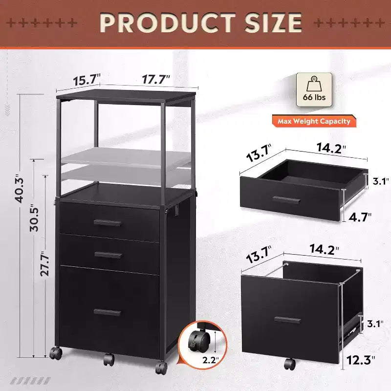 File Cabinet with Storage Drawers, Rolling Printer Stand with Adjustable Shelves, Wood Filing Cabinet for Home Office
