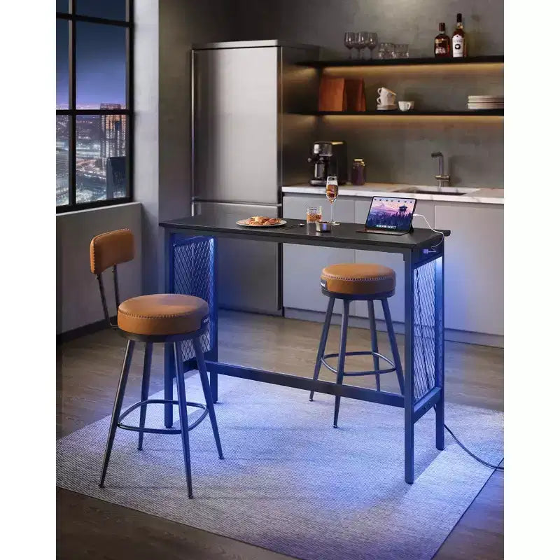 Bar Table, 47.2" Narrow Long Bar Table, Cocktail Tall Table with LED Lights, Built-in Power Outlets, Mesh Panels, Black and Matte Black