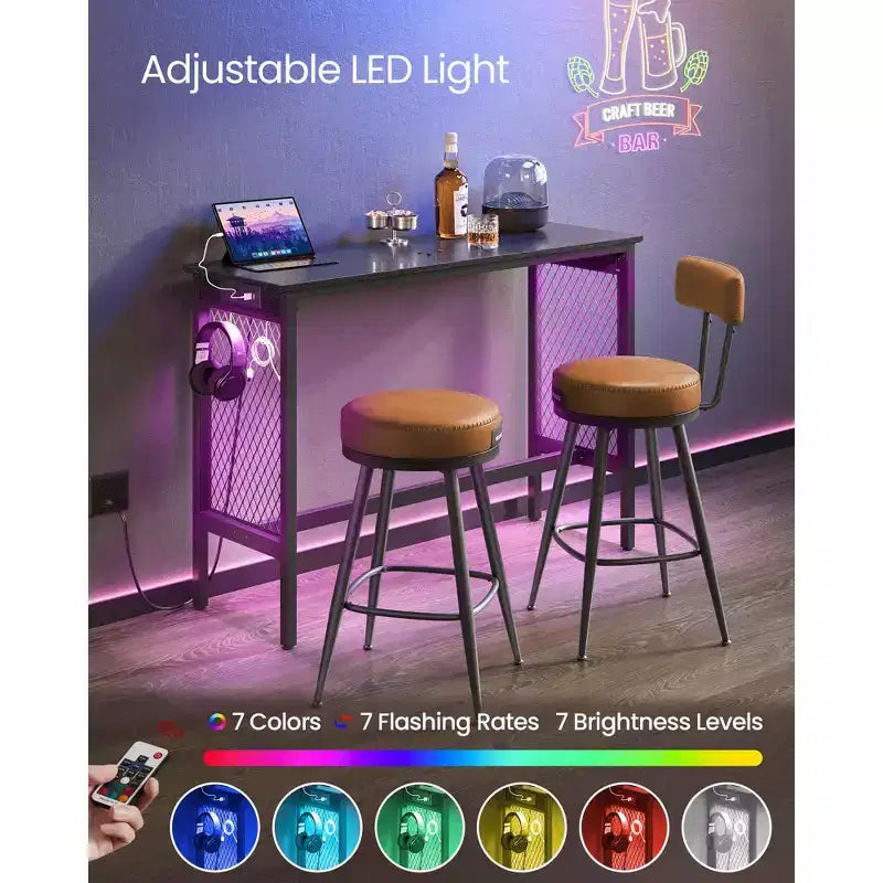 Bar Table, 47.2" Narrow Long Bar Table, Cocktail Tall Table with LED Lights, Built-in Power Outlets, Mesh Panels, Black and Matte Black