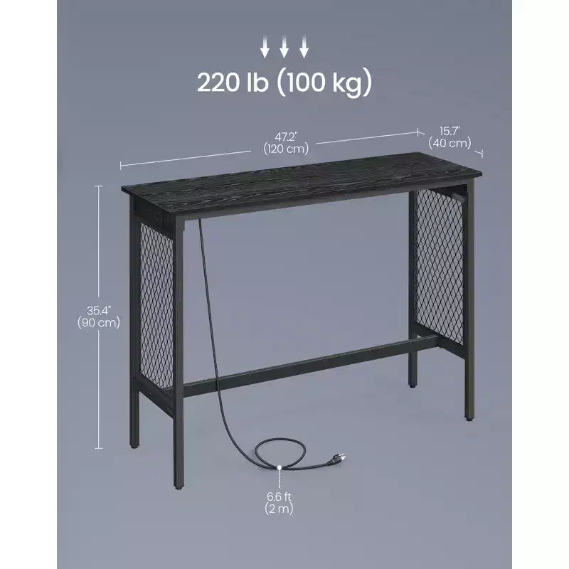 Bar Table, 47.2" Narrow Long Bar Table, Cocktail Tall Table with LED Lights, Built-in Power Outlets, Mesh Panels, Black and Matte Black