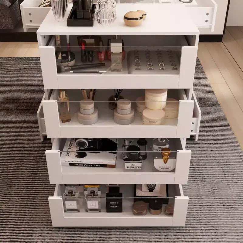 Glass-Top Dressing Island with Ample Storage — White Closet Organizer