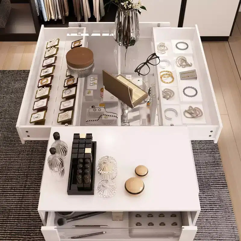 Glass-Top Dressing Island with Ample Storage — White Closet Organizer