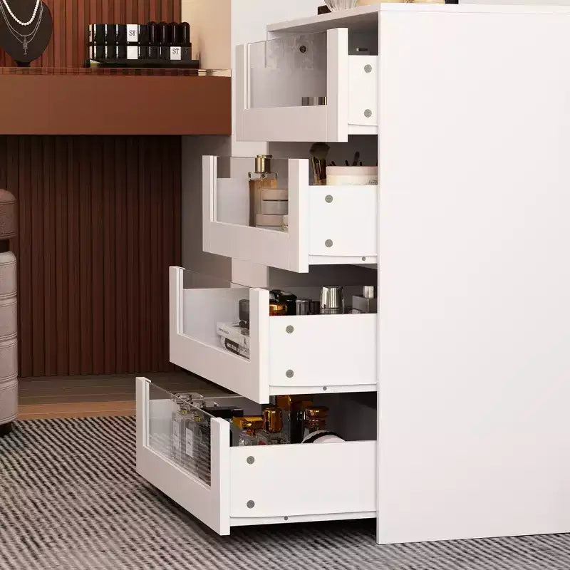 Glass-Top Dressing Island with Ample Storage — White Closet Organizer