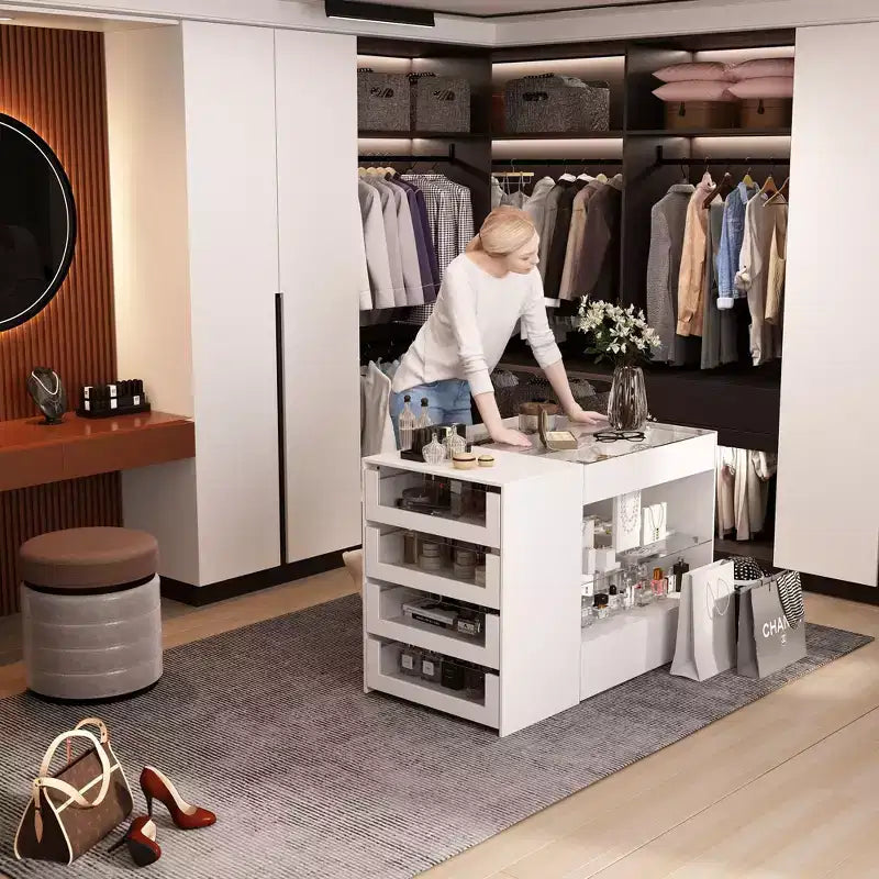 Glass-Top Dressing Island with Ample Storage — White Closet Organizer