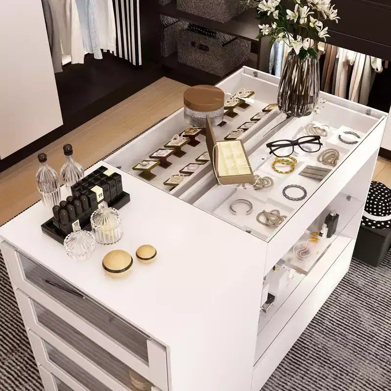 Glass-Top Dressing Island with Ample Storage — White Closet Organizer