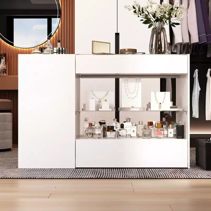 Glass-Top Dressing Island with Ample Storage — White Closet Organizer