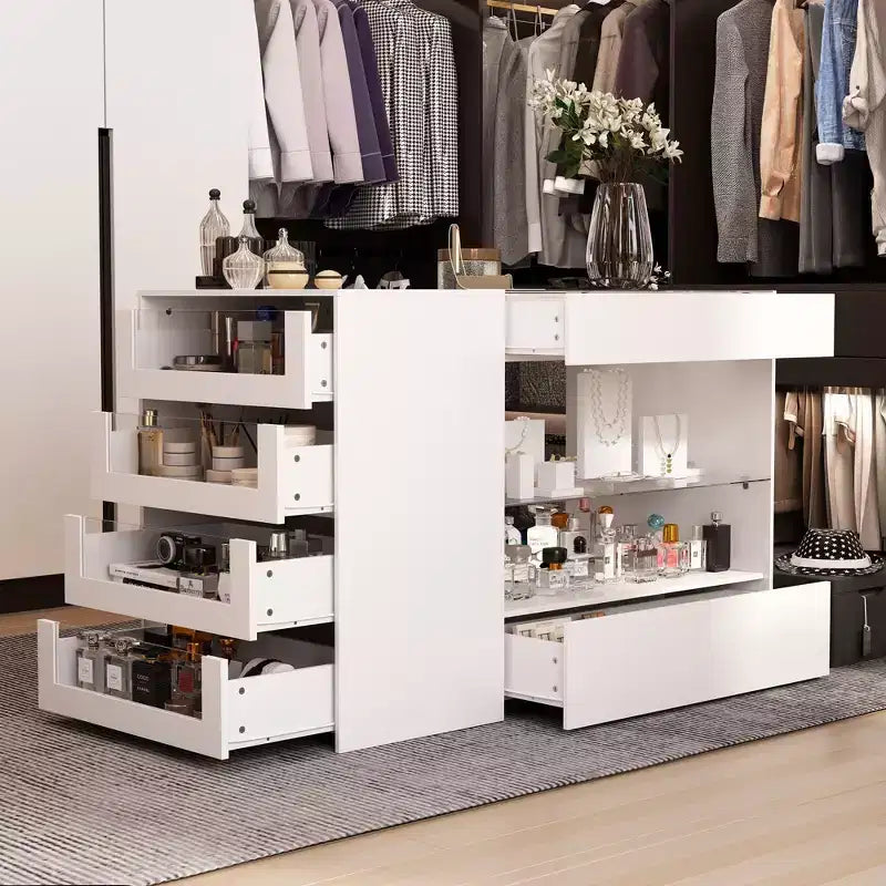 Glass-Top Dressing Island with Ample Storage — White Closet Organizer