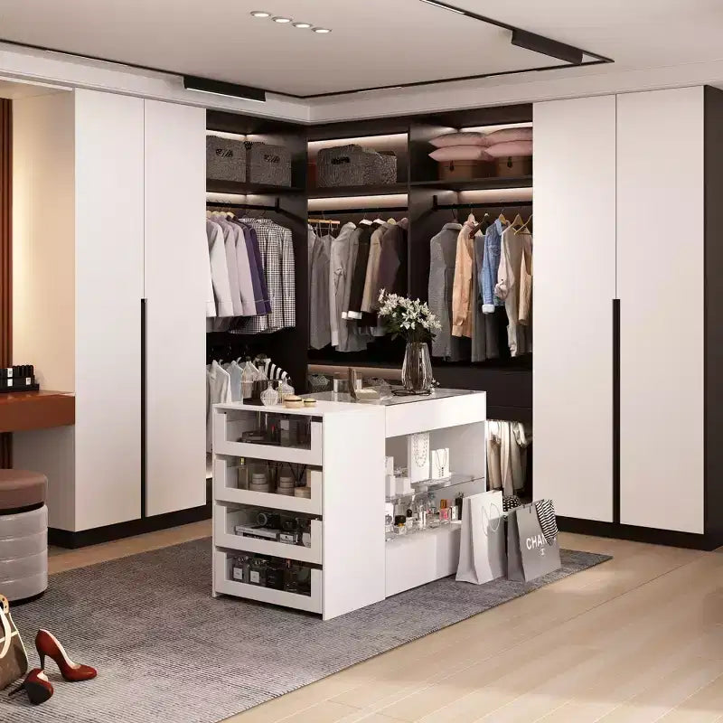 Glass-Top Dressing Island with Ample Storage — White Closet Organizer