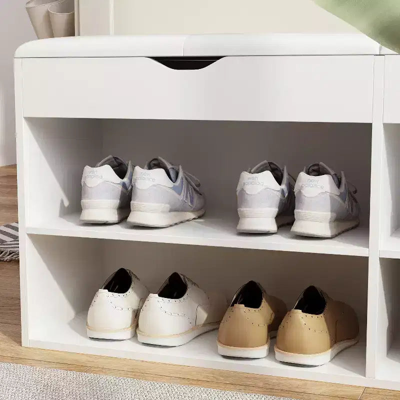 Wooden Shoe Cabinet with Cushions Open Shelves White