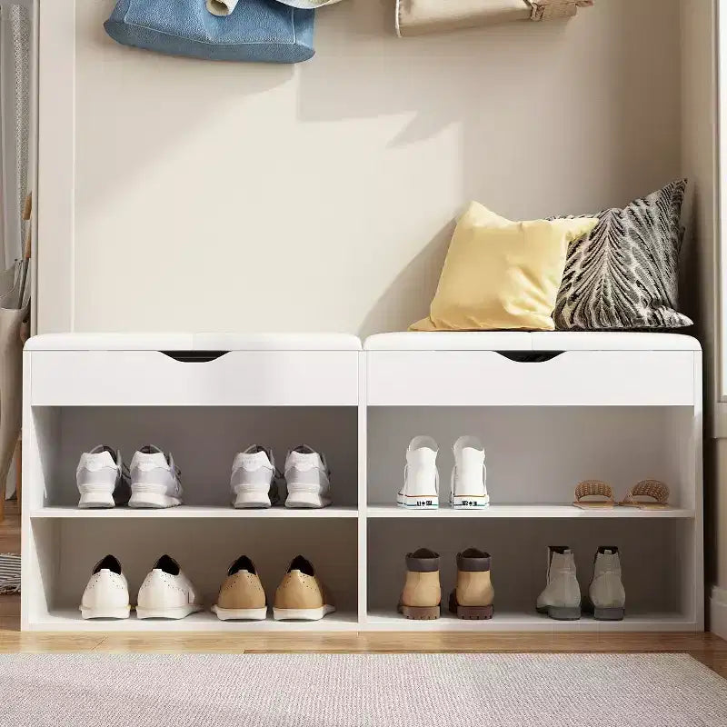 Wooden Shoe Cabinet with Cushions Open Shelves White