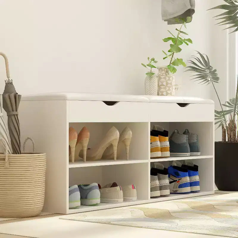 Wooden Shoe Cabinet with Cushions Open Shelves White