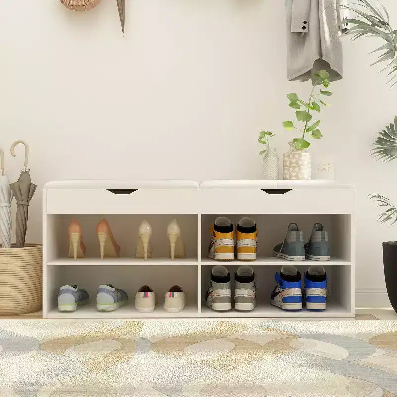 Wooden Shoe Cabinet with Cushions Open Shelves White