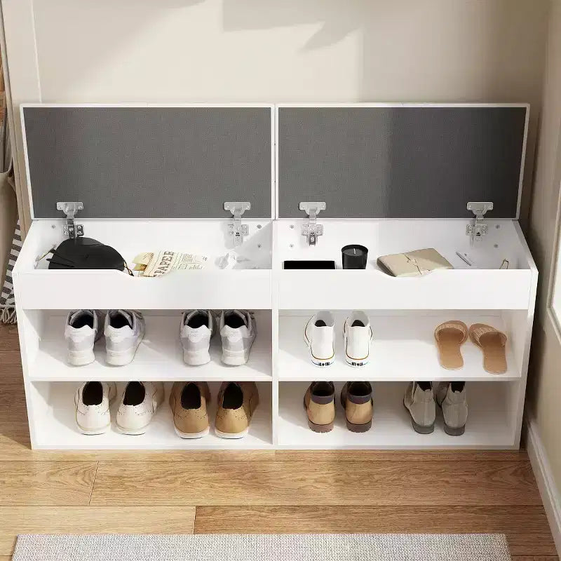 Wooden Shoe Cabinet with Cushions Open Shelves White