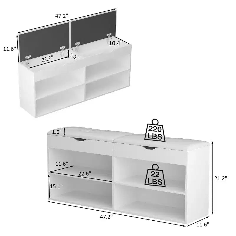 Wooden Shoe Cabinet with Cushions Open Shelves White
