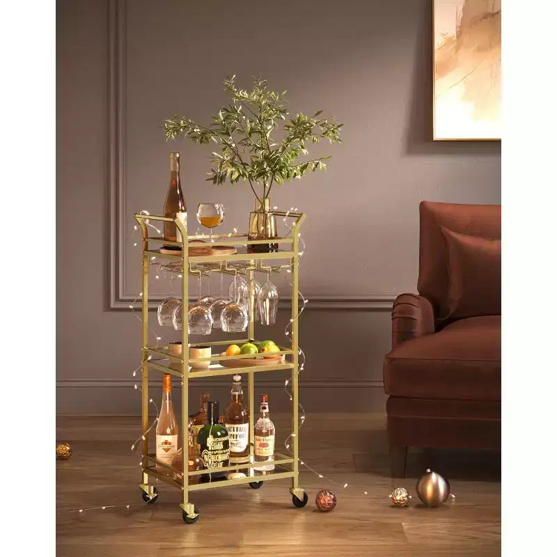 Bar Cart with 3-Tier Shelf, Wine Holders, Glass Holders, Pale Gold