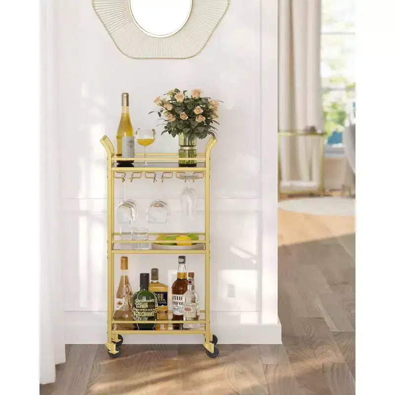 Bar Cart with 3-Tier Shelf, Wine Holders, Glass Holders, Pale Gold