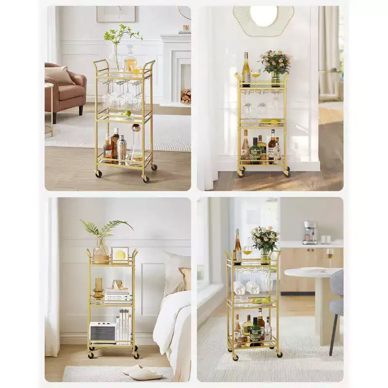 Bar Cart with 3-Tier Shelf, Wine Holders, Glass Holders, Pale Gold