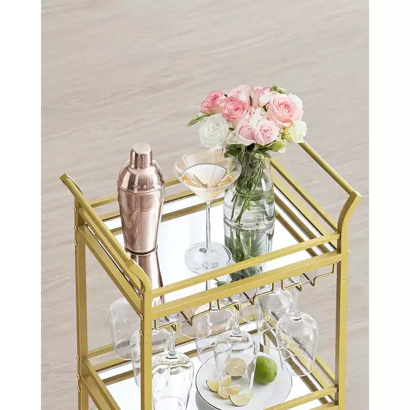 Bar Cart with 3-Tier Shelf, Wine Holders, Glass Holders, Pale Gold