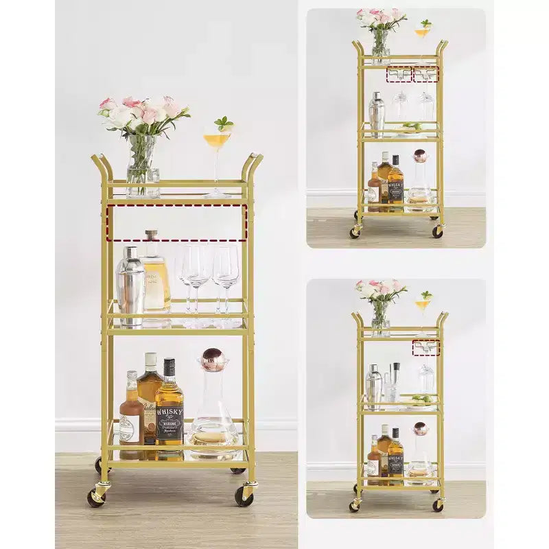 Bar Cart with 3-Tier Shelf, Wine Holders, Glass Holders, Pale Gold