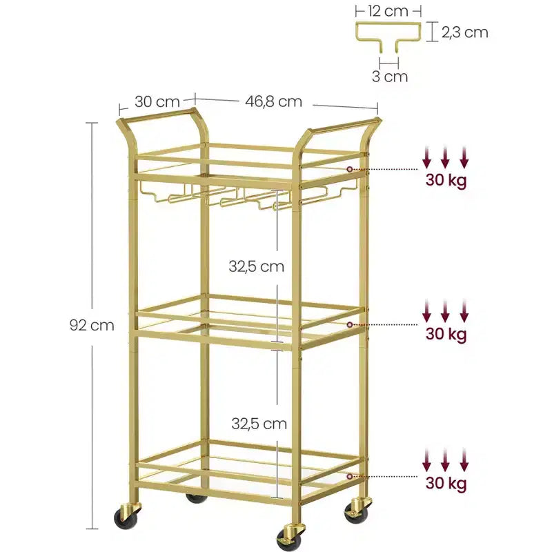 Bar Cart with 3-Tier Shelf, Wine Holders, Glass Holders, Pale Gold