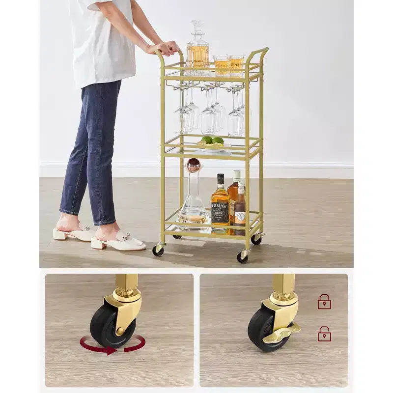 Bar Cart with 3-Tier Shelf, Wine Holders, Glass Holders, Pale Gold