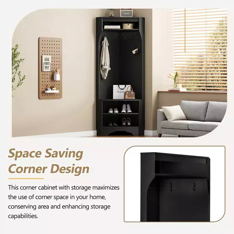 Minimalist Corner Hall Tree with 4 Hooks and Adjustable Shelf