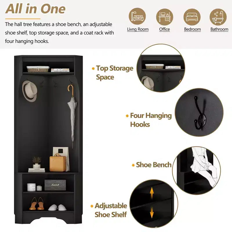 Minimalist Corner Hall Tree with 4 Hooks and Adjustable Shelf