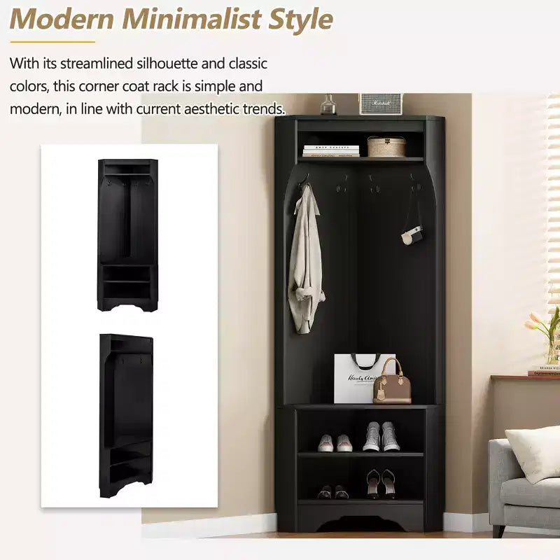 Minimalist Corner Hall Tree with 4 Hooks and Adjustable Shelf