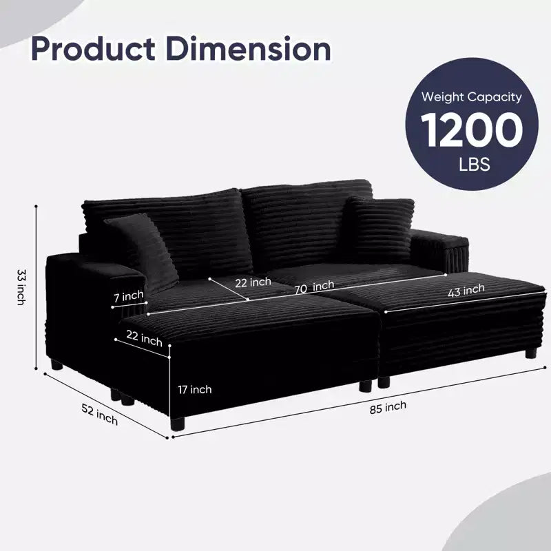 Oversized Chaise Lounge Chair Indoor, 85 W Corduroy Upholstered Sofa with Movable Ottoman