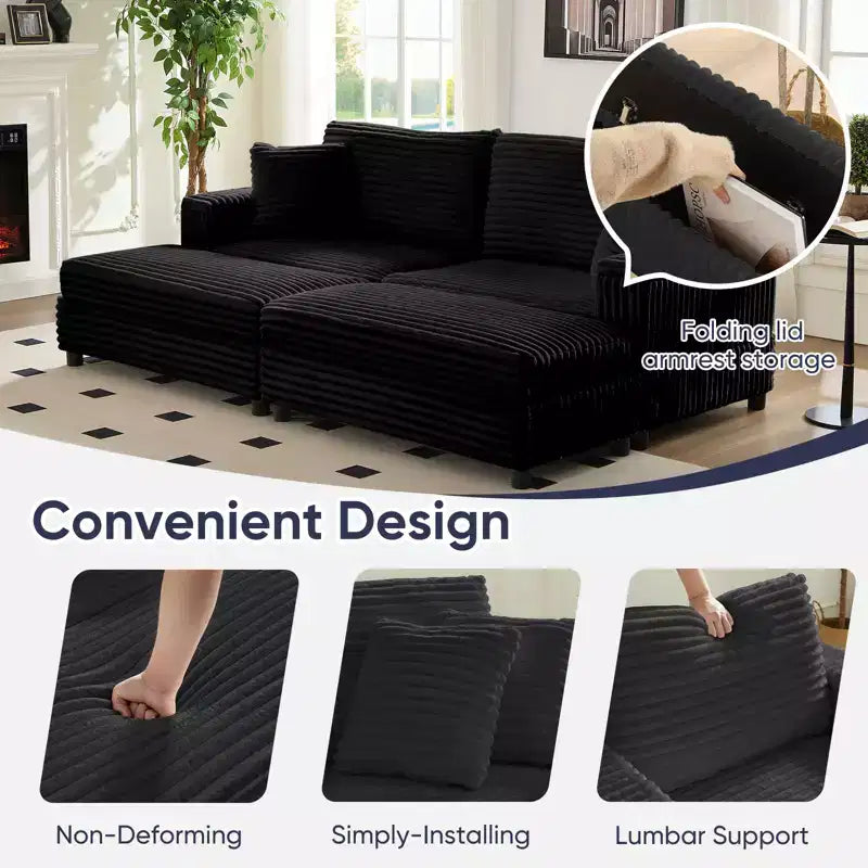 Oversized Chaise Lounge Chair Indoor, 85 W Corduroy Upholstered Sofa with Movable Ottoman