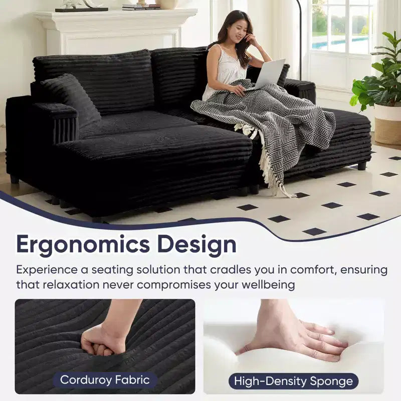 Oversized Chaise Lounge Chair Indoor, 85 W Corduroy Upholstered Sofa with Movable Ottoman