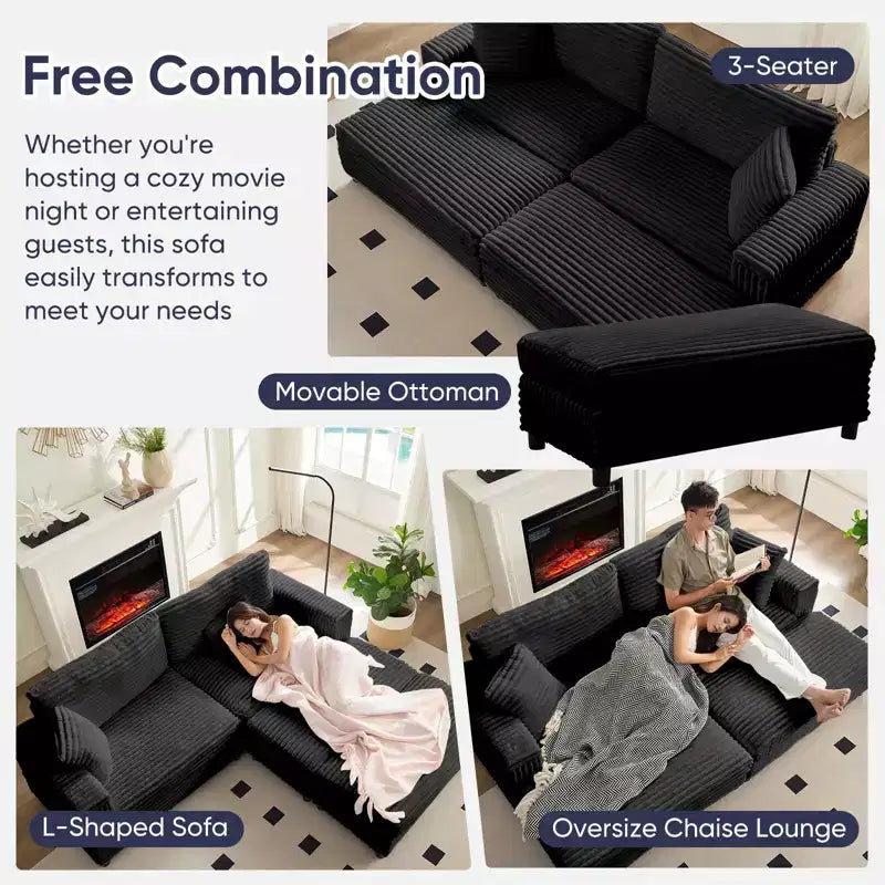 Oversized Chaise Lounge Chair Indoor, 85 W Corduroy Upholstered Sofa with Movable Ottoman