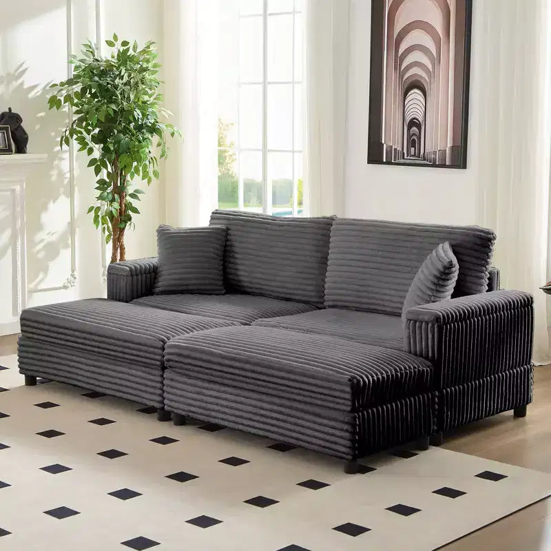 Oversized Chaise Lounge Chair Indoor, 85 W Corduroy Upholstered Sofa with Movable Ottoman